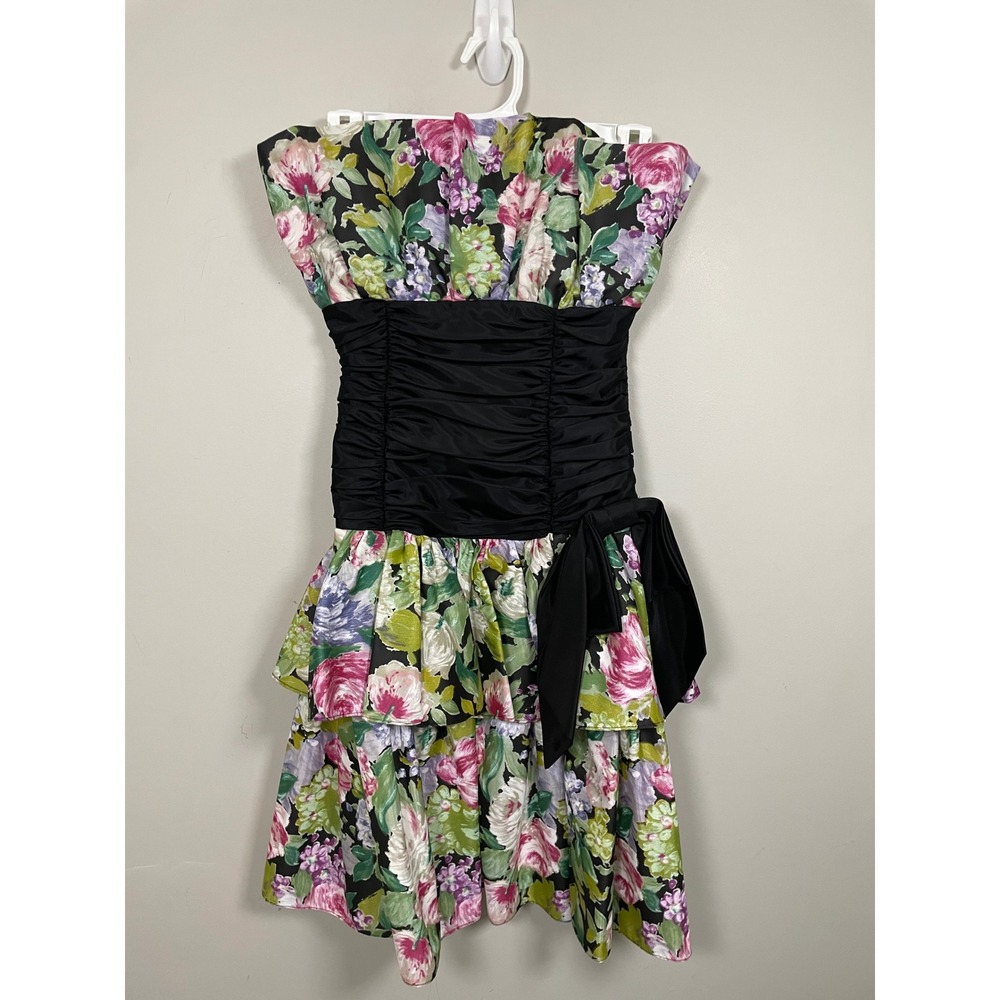 Vintage 80s Positively Ellyn Floral Ruffle Strapless Dress Union Made in USA